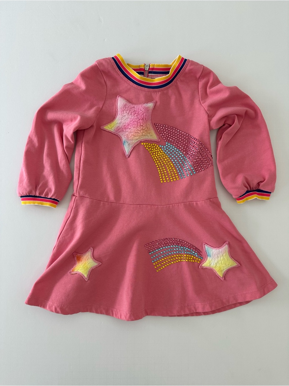 Baby Sara Girls Long Sleeve Pink Dress With Rainbows And Stars, 3T, Rhinestones